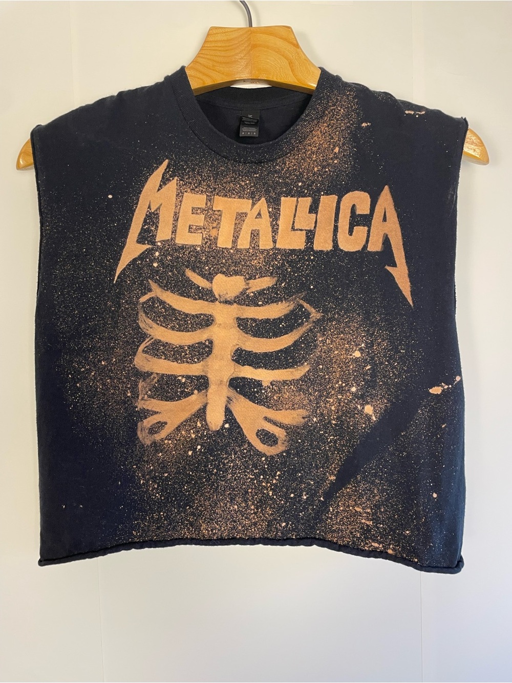 Metallica Bleached Crop Top Ribcage Skeleton Heavy Cotton Band Tee Black Medium